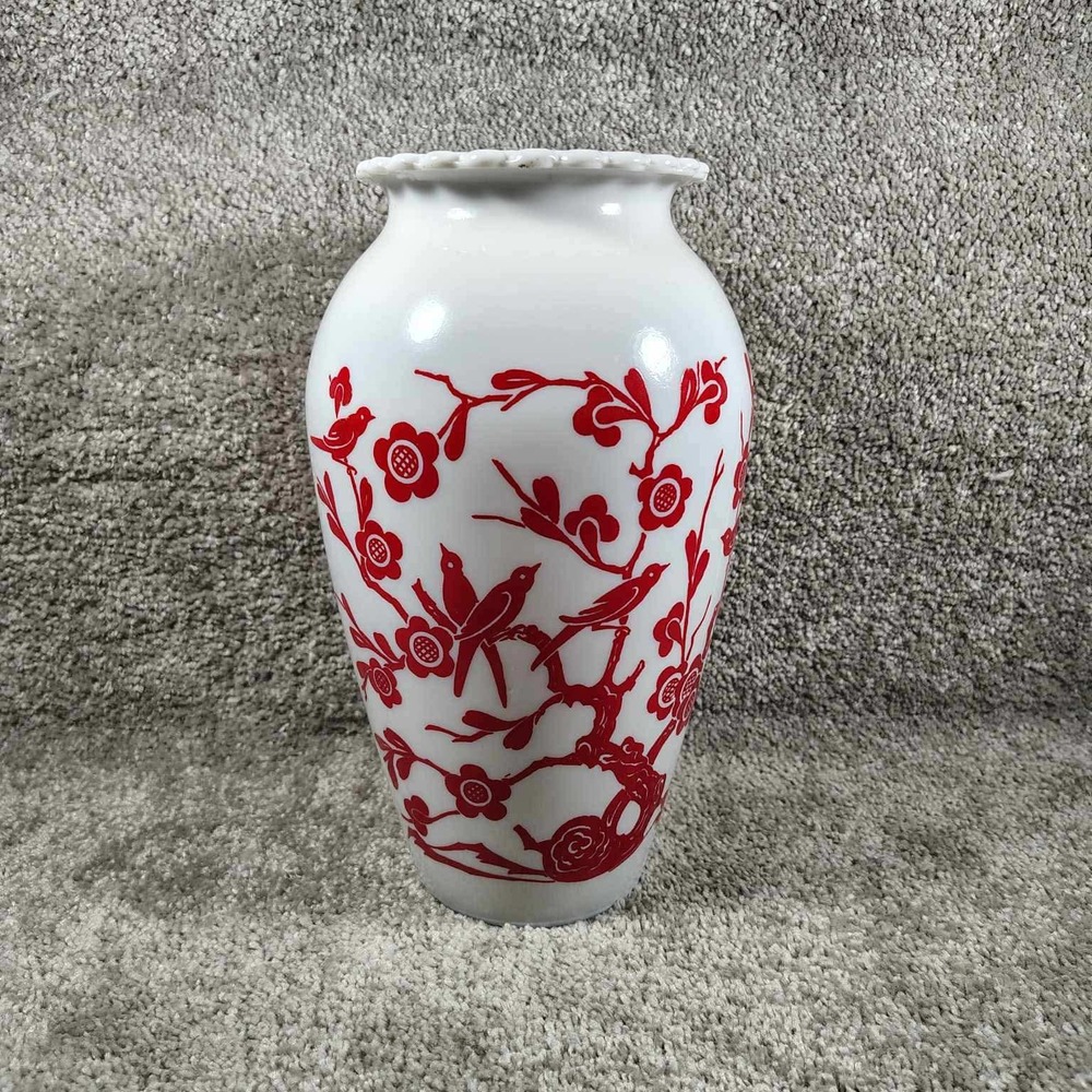 Milk Glass Vase Red Bird Cherry Blossom Scalloped Rim Chinoiserie Urn 9.5in